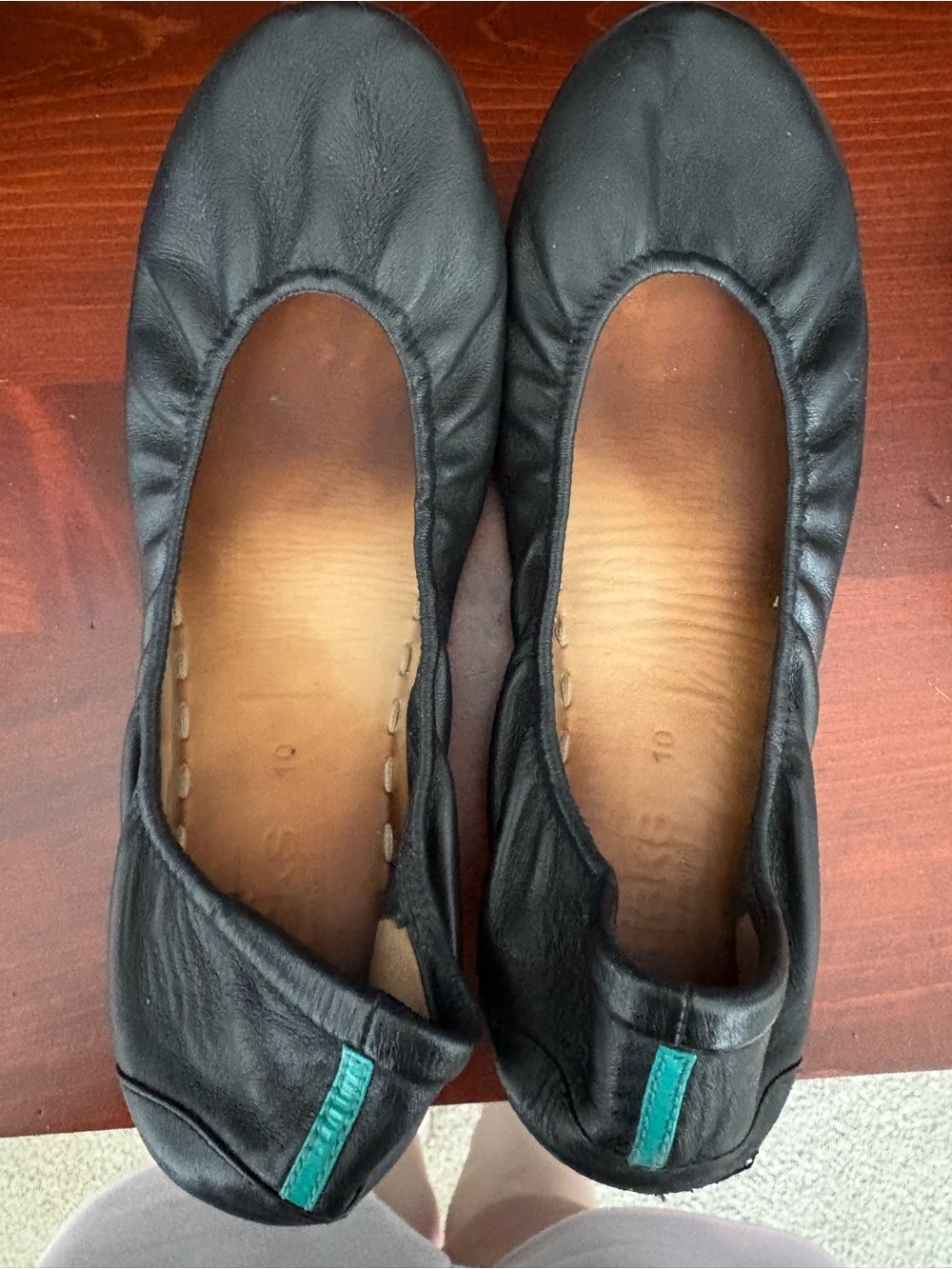 Tieks Black Leather Ballet Flats with Teal Heel Tab